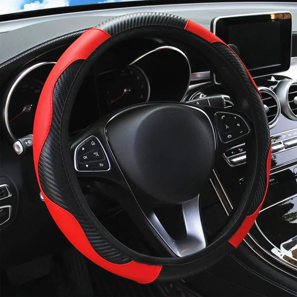 Universal Carbon Fiber Leather Steering Wheel Cover – Anti-Slip Steering Wheel Cover Qme Red 1pc
