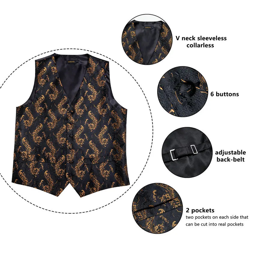 Men's Paisley Suit Vest, Necktie & Pocket Square Set Suit Vest & Tie Set Qme