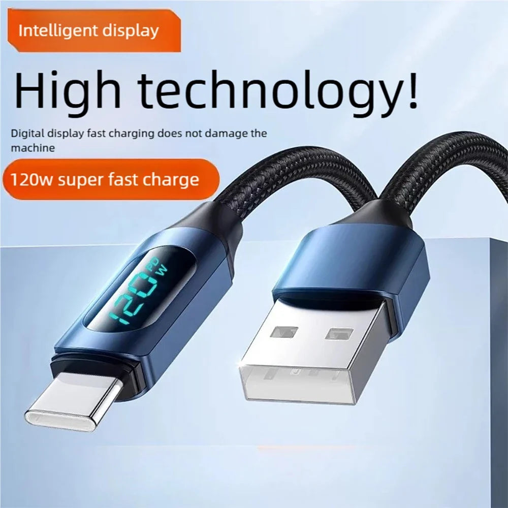 120W USB-C Fast Charging Cable LED Display Nylon Braided USB-C Charging Cable Qme