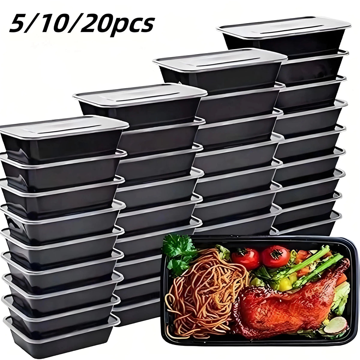 Black Rectangular Meal Prep Containers with Lids | 5 or 10 Pack Meal Prep Containers Qme black 5pcs