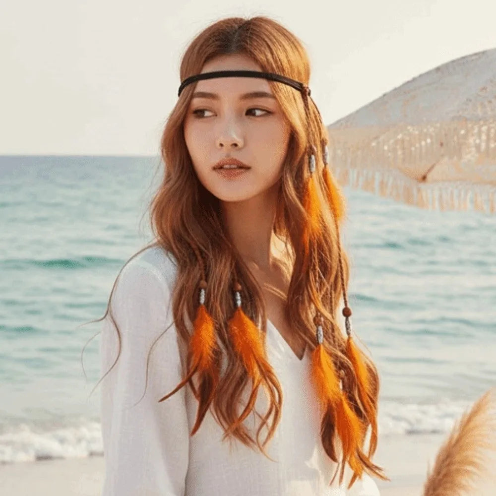 Boho Feather Headpiece – Braided Cord Orange Plumage Boho Hair Headpiece Qme