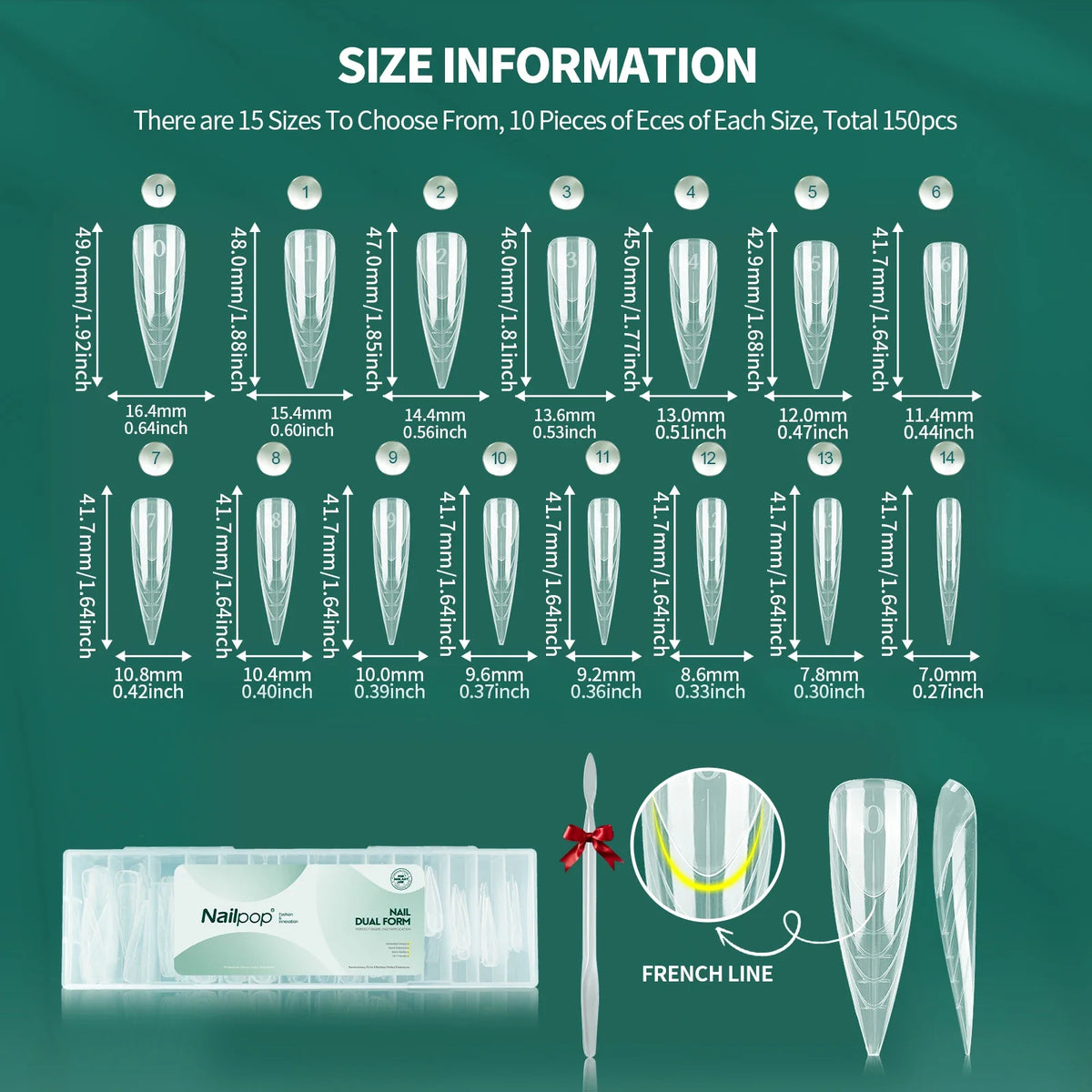 Nailpop Stiletto Nail Dual Forms 15 Sizes 150pcs Full Cover Nail Extension Forms Qme