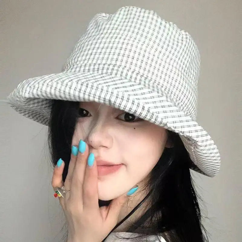 Women's Plaid Wide Brim Bucket Hat – Quick-Dry Sun Hat Bucket Hat Qst White one size