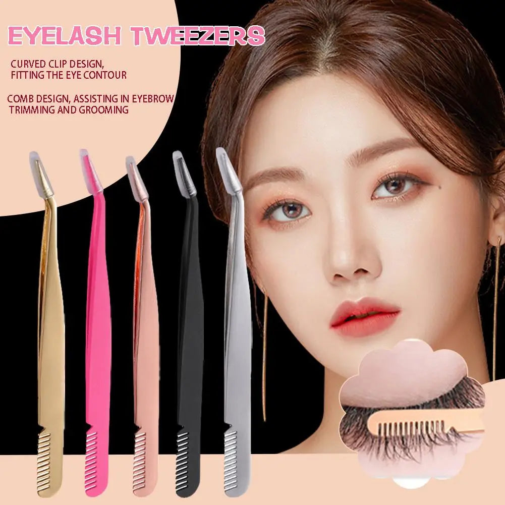 Stainless Steel Eyelash Tweezers & Comb | False Lash Applicator Eyelash Applicator Tool Qme