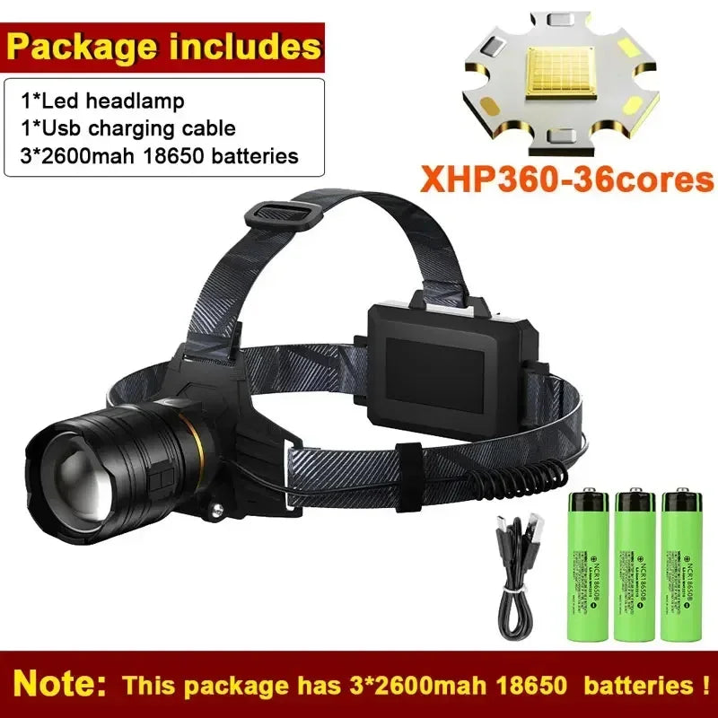 XHP360 LED Headlamp USB Rechargeable Zoomable 18650 Head Torch LED Headlamp Qst with 7800mah battery