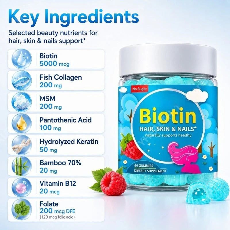5000mcg Biotin Gummies – Collagen, MSM, Keratin | 60 Count Beauty Supplement Gummies Qst