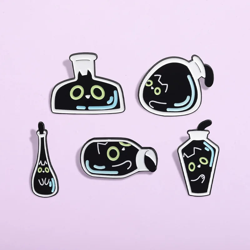 Cute Black Kitten Bottle Enamel Pin – Cartoon Cat Brooch Enamel Lapel Pin Qme