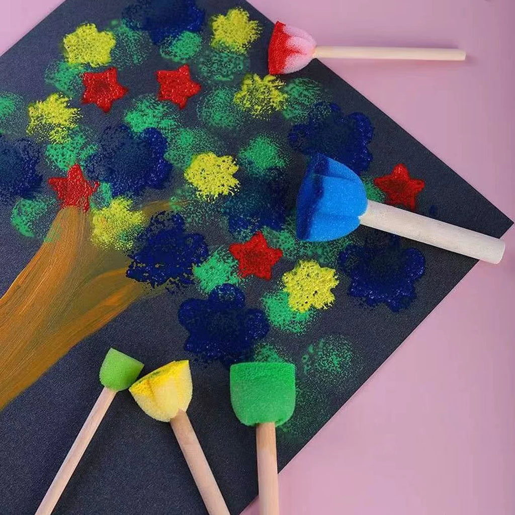 Foam Sponge Brushes Wooden Handle Round Flower DIY Paint Set Foam Painting Brush Set Qme