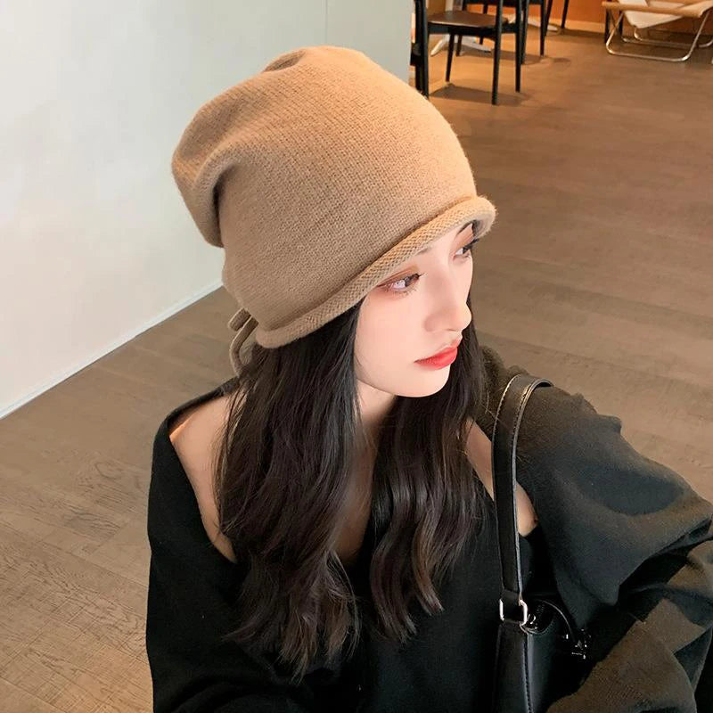Women's Knitted Drawstring Beanie – Warm Pile Hat Curled Brim Knitted Winter Beanie Qst