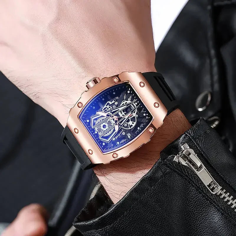 Men's Wine Barrel Skeleton Quartz Watch | Silicone Strap Men's Quartz Watch Qme