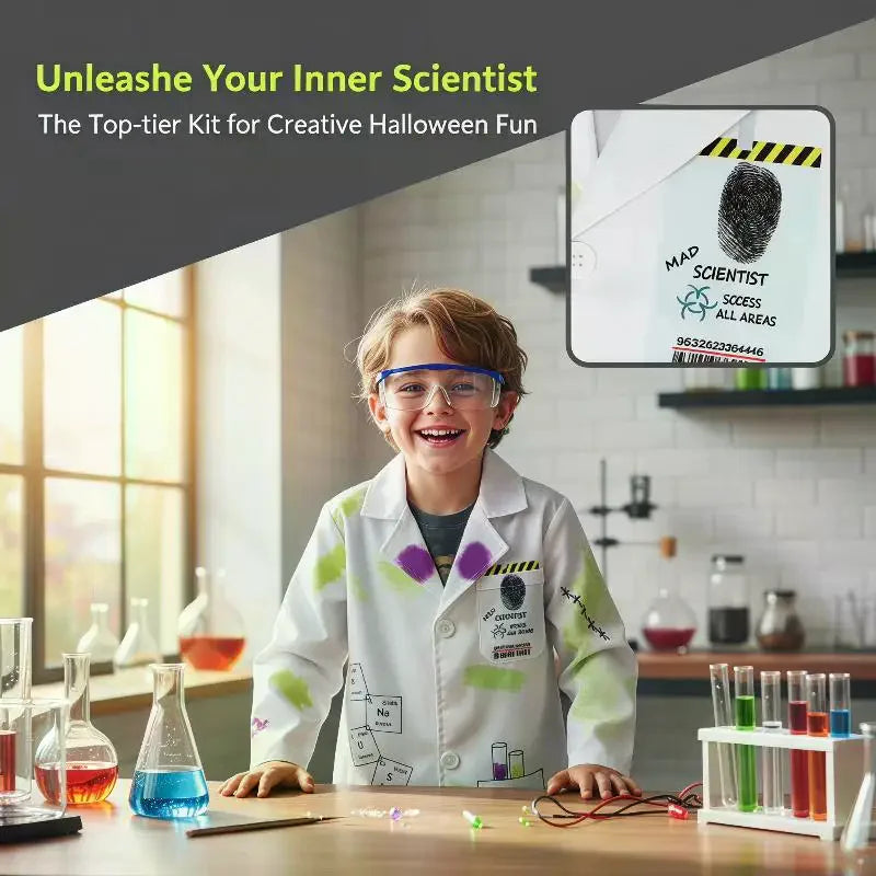 Kids Mad Scientist Costume – Printed Lab Coat & Goggles Kids Costume Set Qme