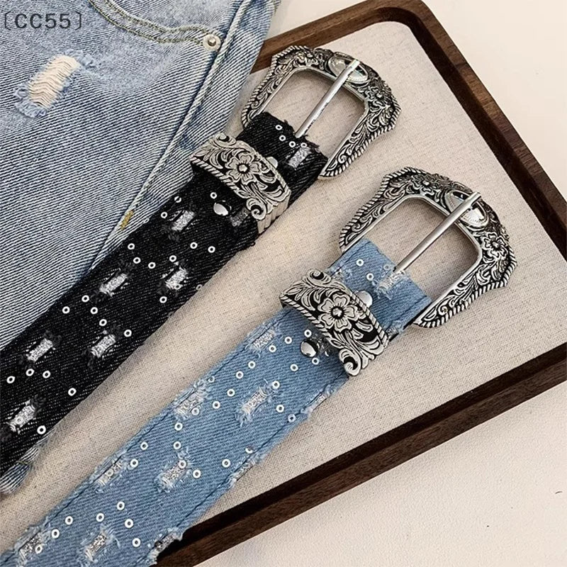 Retro Y2K Women's Denim Belt – Vintage Punk Style, 105cm Women's Fashion Belt Qst