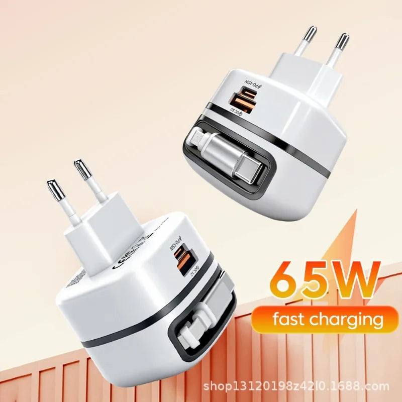 65W Foldable Wall Charger Retractable Cable Travel Adapter | Qme Travel Wall Charger Qme