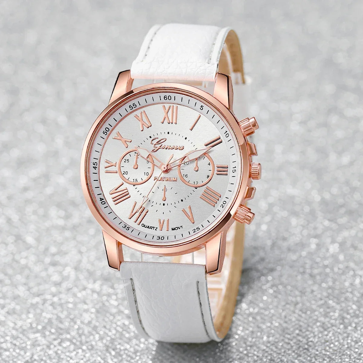 Rose Gold Ladies Chronograph Watch | White Leather & CZ Ladies Fashion Watch Qme