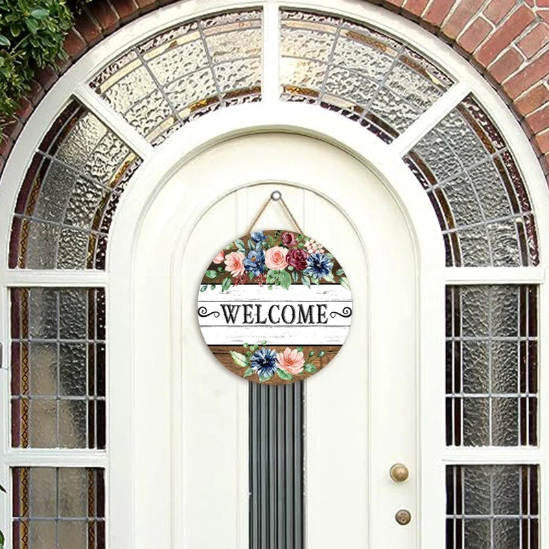 Rustic Flower Welcome Round Wood Wall Sign | Home Decor Plaque Wood Wall Sign Qme