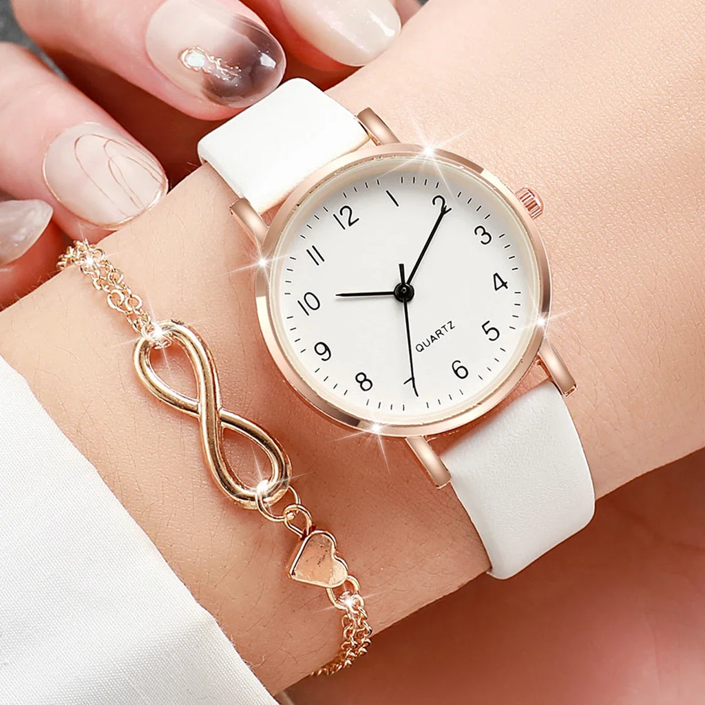 Infinity Heart Watch & Bracelet Set – Women's White Leather Quartz Watch Bracelet Set Qme HH10521