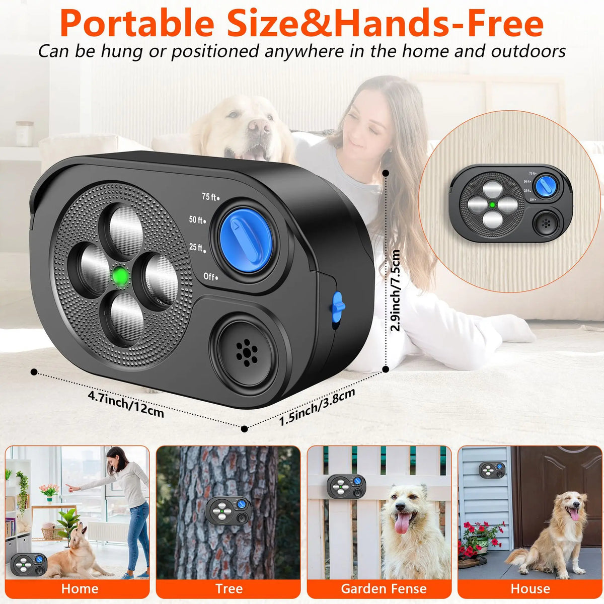 Ultrasonic Dog Bark Deterrent – Waterproof, 75ft Smart Range Bark Deterrent Device Qst