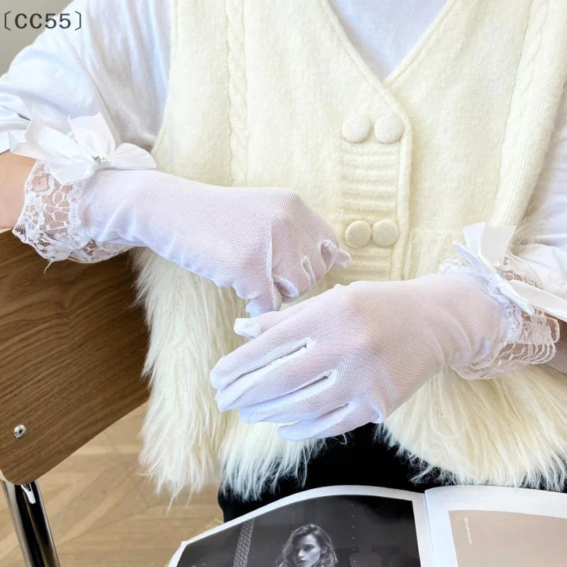 Sheer Mesh Lace Gloves with Ribbon Bow | Lolita Tulle Lace Fashion Gloves Qst