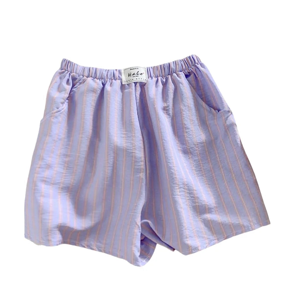 Women's Baggy Striped Casual Shorts – Spring Summer Style Women's Casual Shorts Qme Purple-Pink One Size