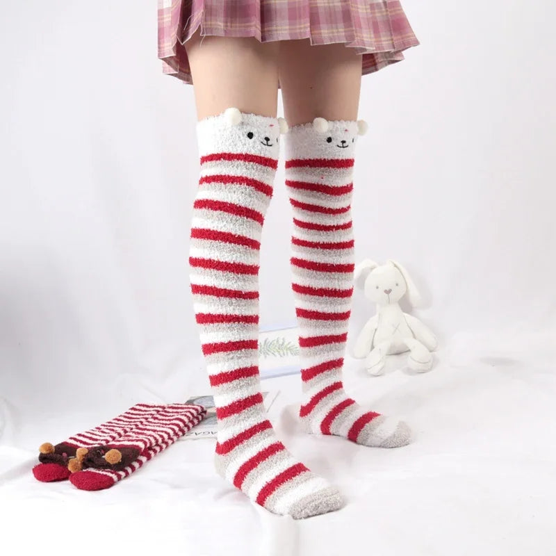 Women's Harajuku Lolita Striped Coral Velvet Long Socks Novelty Long Socks Qme D One Size