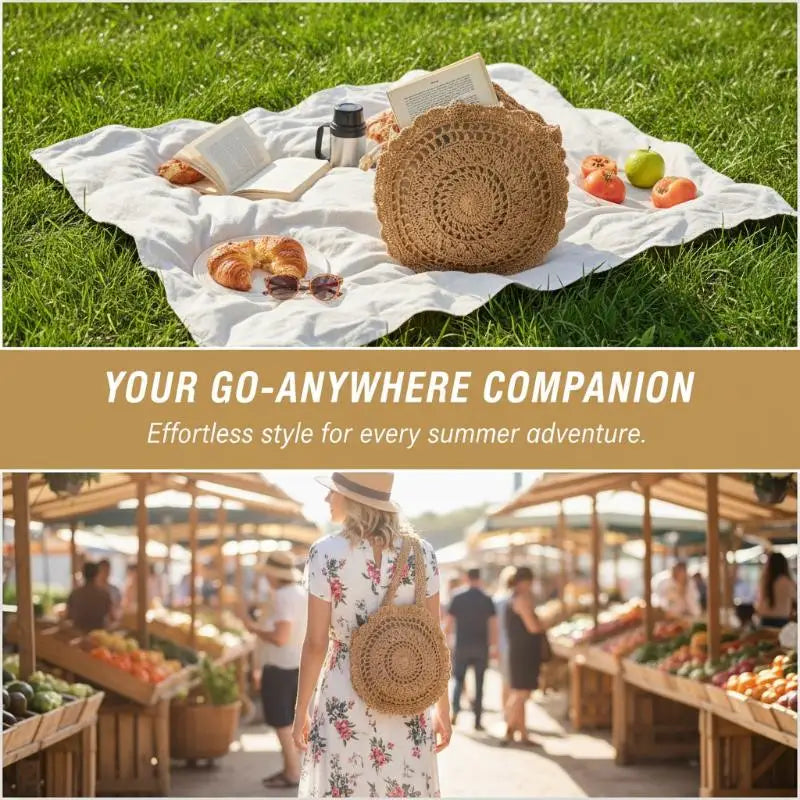 Round Woven Straw Tote Bag – Handmade Women's Beach Bag Woven Tote Bag Qst