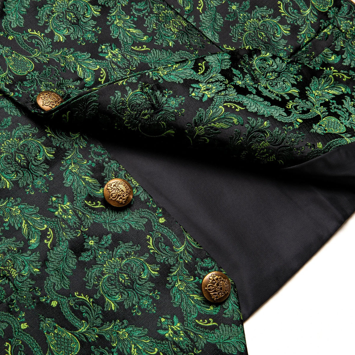 Men's Green Floral Waistcoat Vest, Tie, Hanky & Cufflinks Set Formal Waistcoat Set Qme