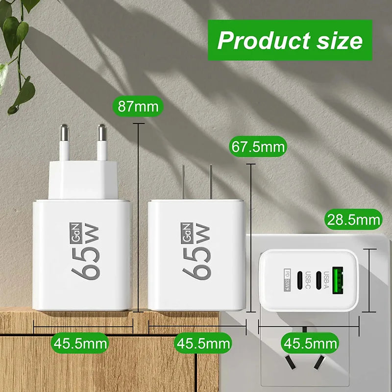 65W GaN USB-C Fast Charger EU/US Plug – Quick Charge 3.0 USB-C Wall Charger Qst