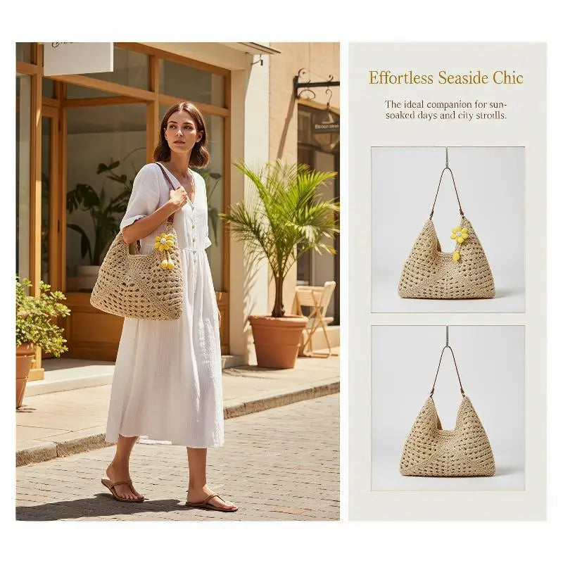 Women's Woven Straw Shoulder Tote – Large Capacity Summer Bag Woven Straw Tote Qme