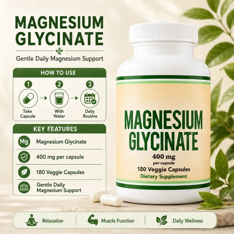 Magnesium Glycinate 400mg Vegan Capsules – 180 Count Mineral Supplement Qst