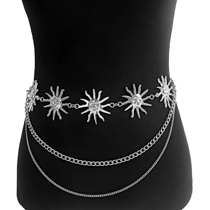 Multilayer Punk Gothic Moon Sun Metal Waist Chain Belt Waist Chain Belt Qst Silver