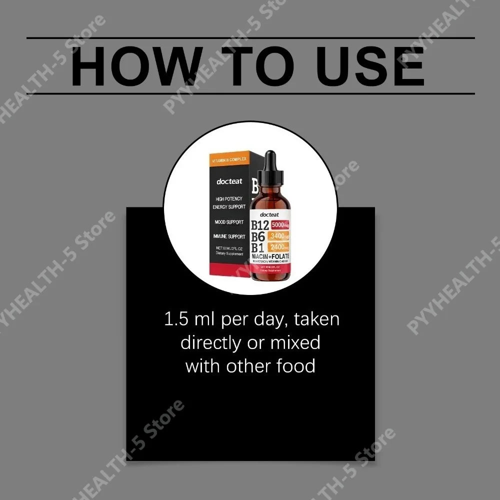 Docteat Vitamin B Complex Liquid Drops B12 B6 B1 – 60ml Vitamin B Supplement Qst