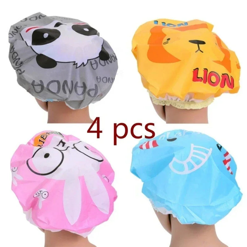 Cartoon Shower Caps for Women – Colorful Bath Hair Covers 4Pcs Shower Cap Set Qme Random style 4Pcs