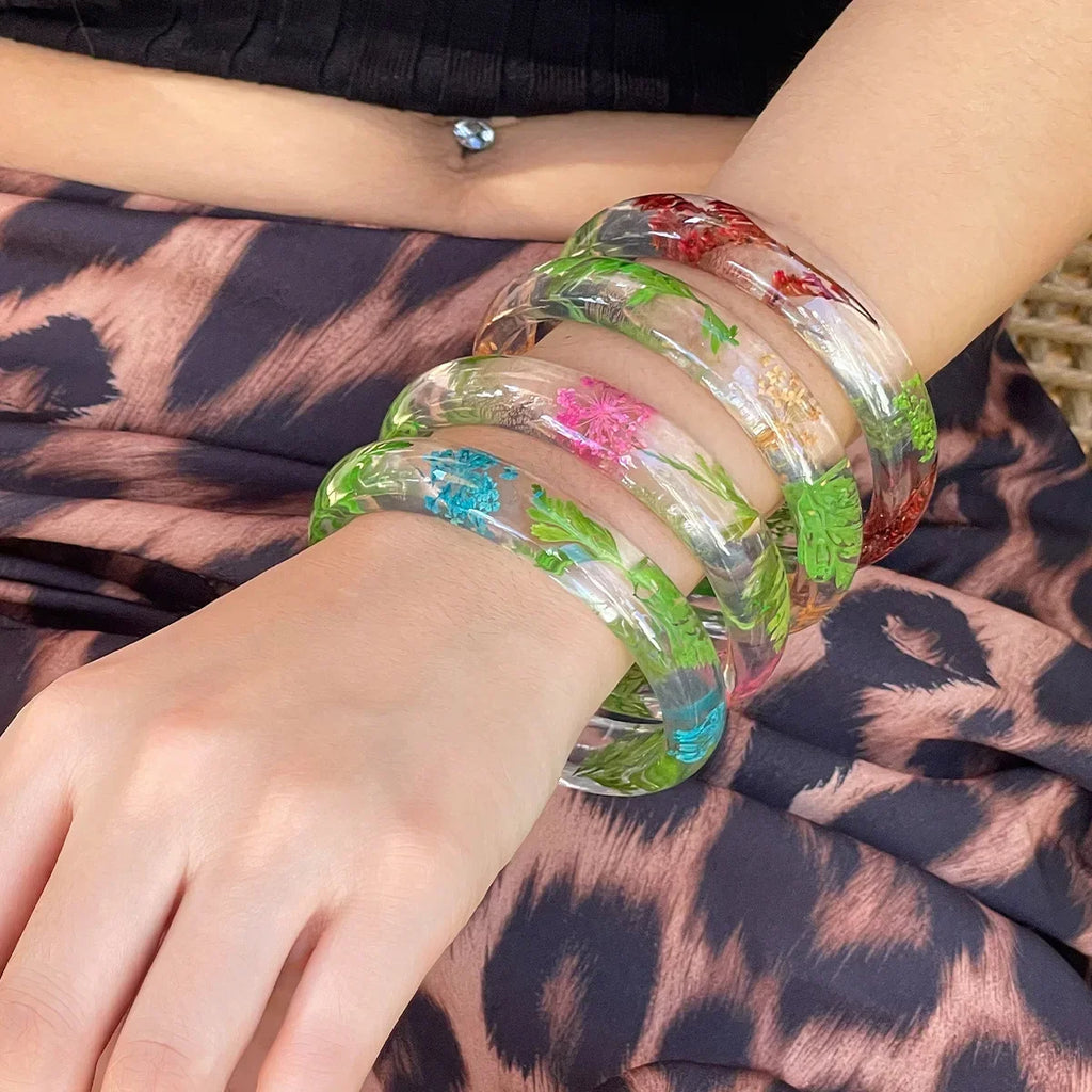 Floral Transparent Round Bangle Bracelet | Acrylic Daisy Bangle Bracelet Qme