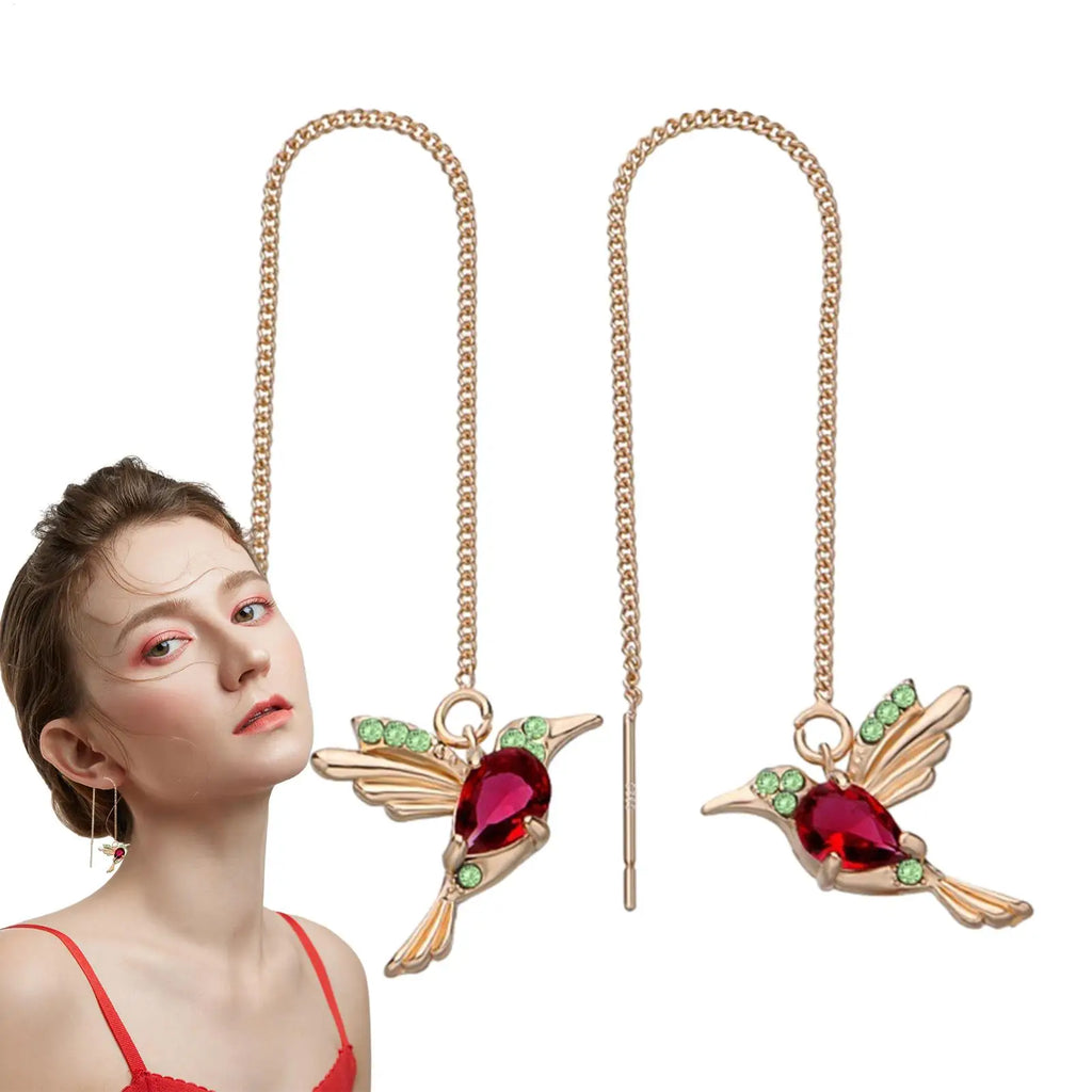 Hummingbird Pull Through Threader Earrings & Wing Pendant Threader Drop Earrings Qme