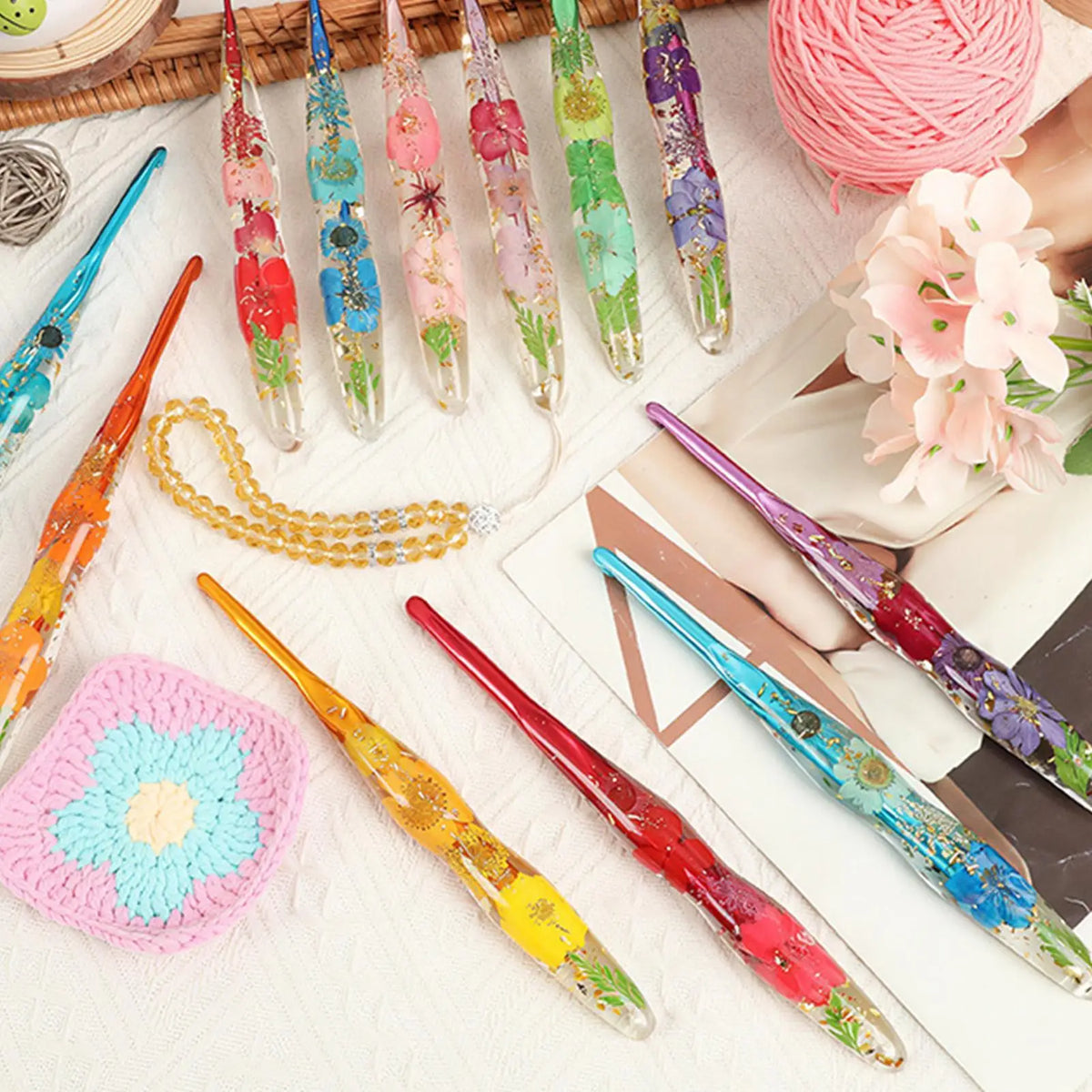 9-Piece Flower Resin Handle Crochet Hook Set | Knitting Yarn Crochet Hook Set Qme