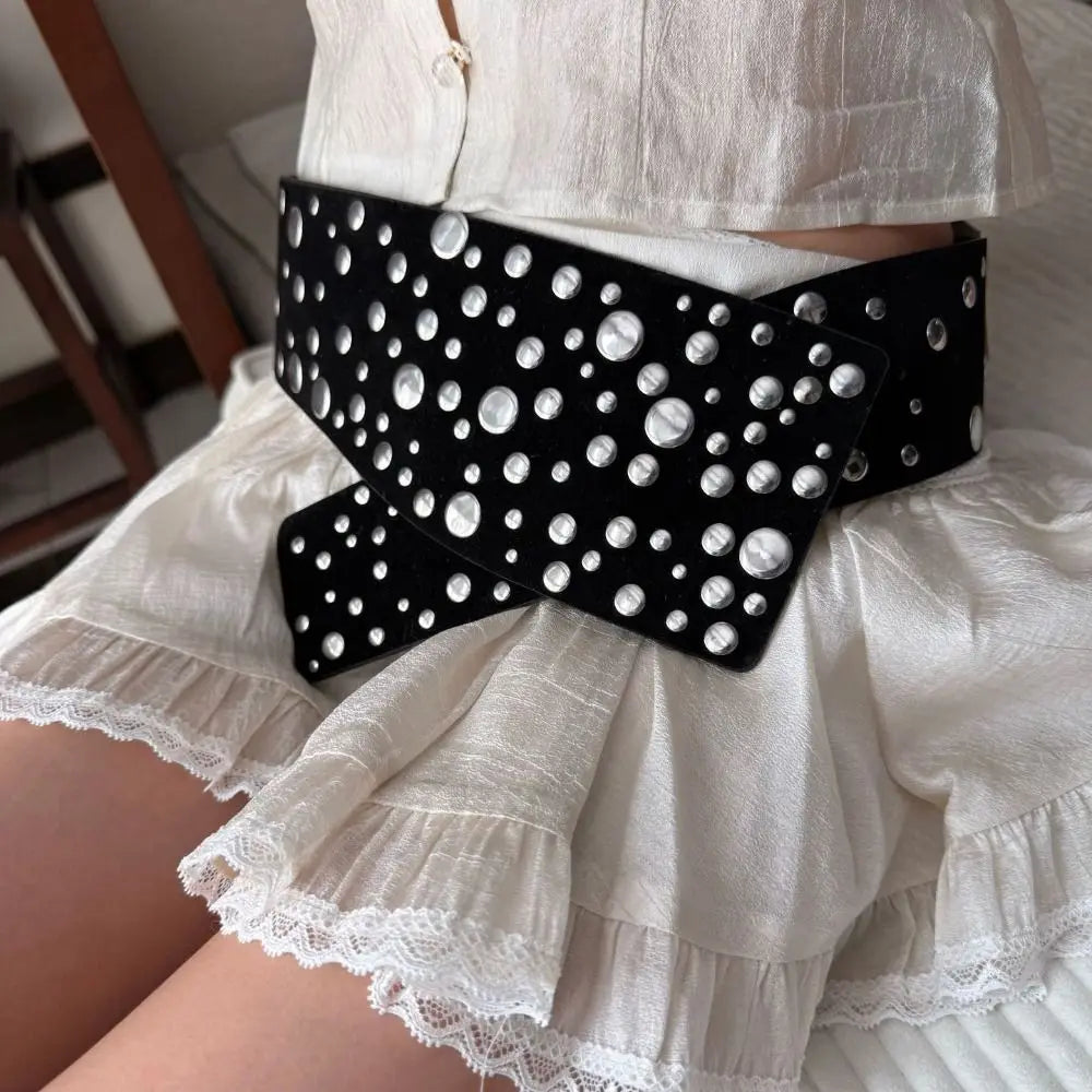 PU Leather Extra Wide Studded Belt Y2K Rivet Waistband Wide Studded Belt Qme