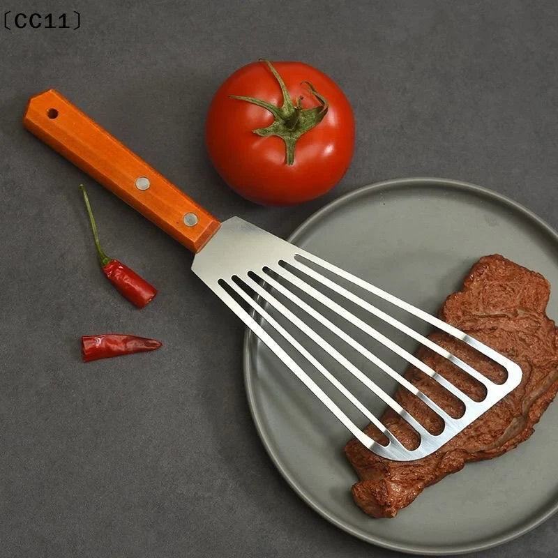 Stainless Steel Fish Spatula – Fan-Shaped Wooden Handle Cooking Spatula Qme