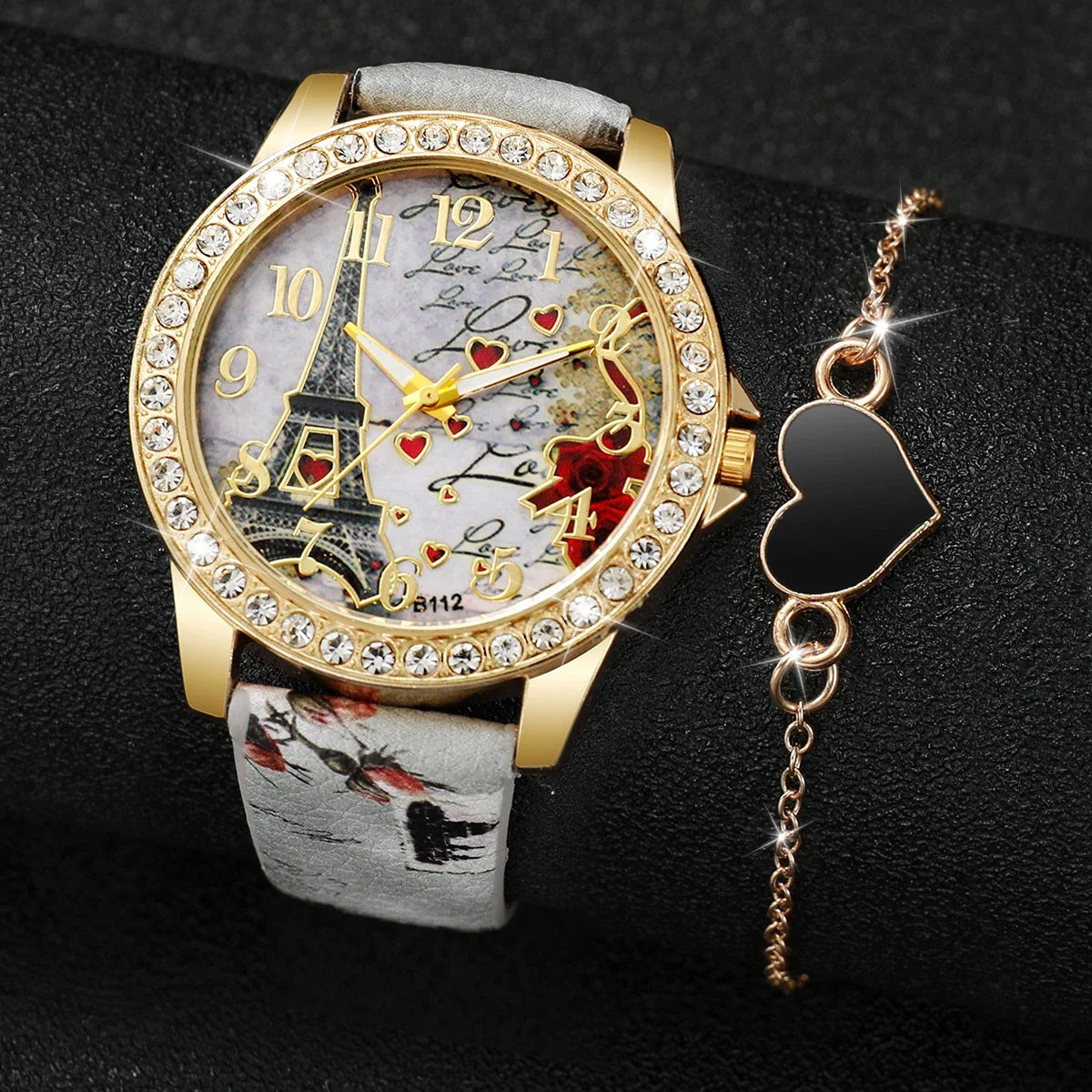 Eiffel Tower PU Leather Quartz Watch – Heart Strap, 2-Pack Fashion Quartz Watch Qme