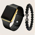 Men's Black Electronic Watch Beaded Bracelet | Qme Watch Beaded Bracelet Qme Gold