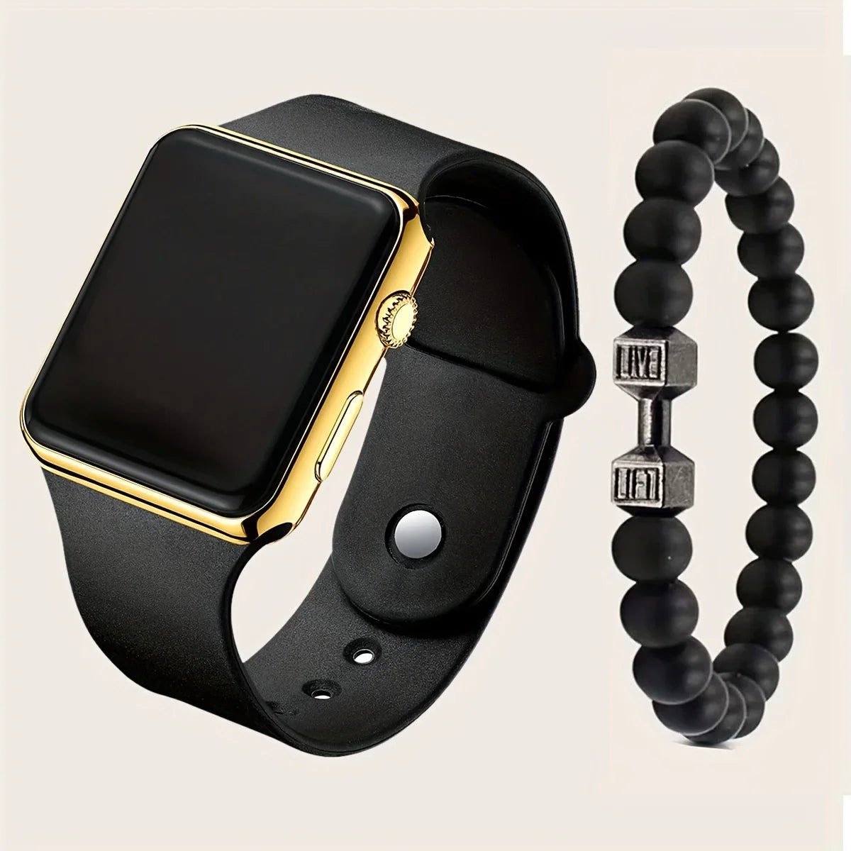 Men's Black Electronic Watch Beaded Bracelet | Qme Watch Beaded Bracelet Qme Gold