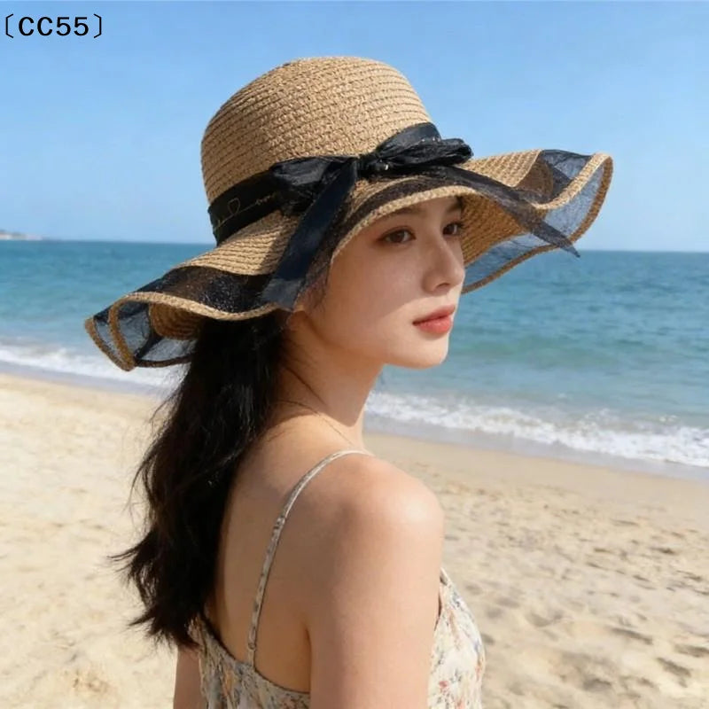 Wide Brim Straw Sun Hat – Lace Bow UV Protection Beach Cap Wide Brim Sun Hat Qst