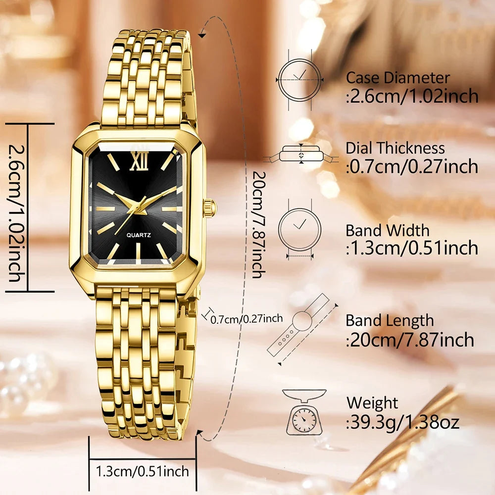 Golden Roman Square Watch & Water Drop Bracelet Set | Qme Watch & Bracelet Set Qme
