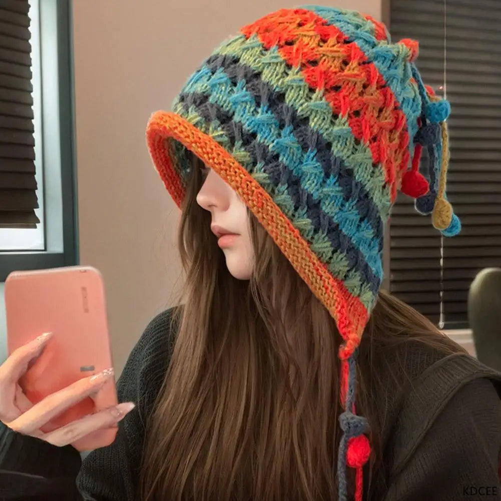Rainbow Striped Knit Beanie Hat – Women's Winter Warm Cap Knit Beanie Hat Qme