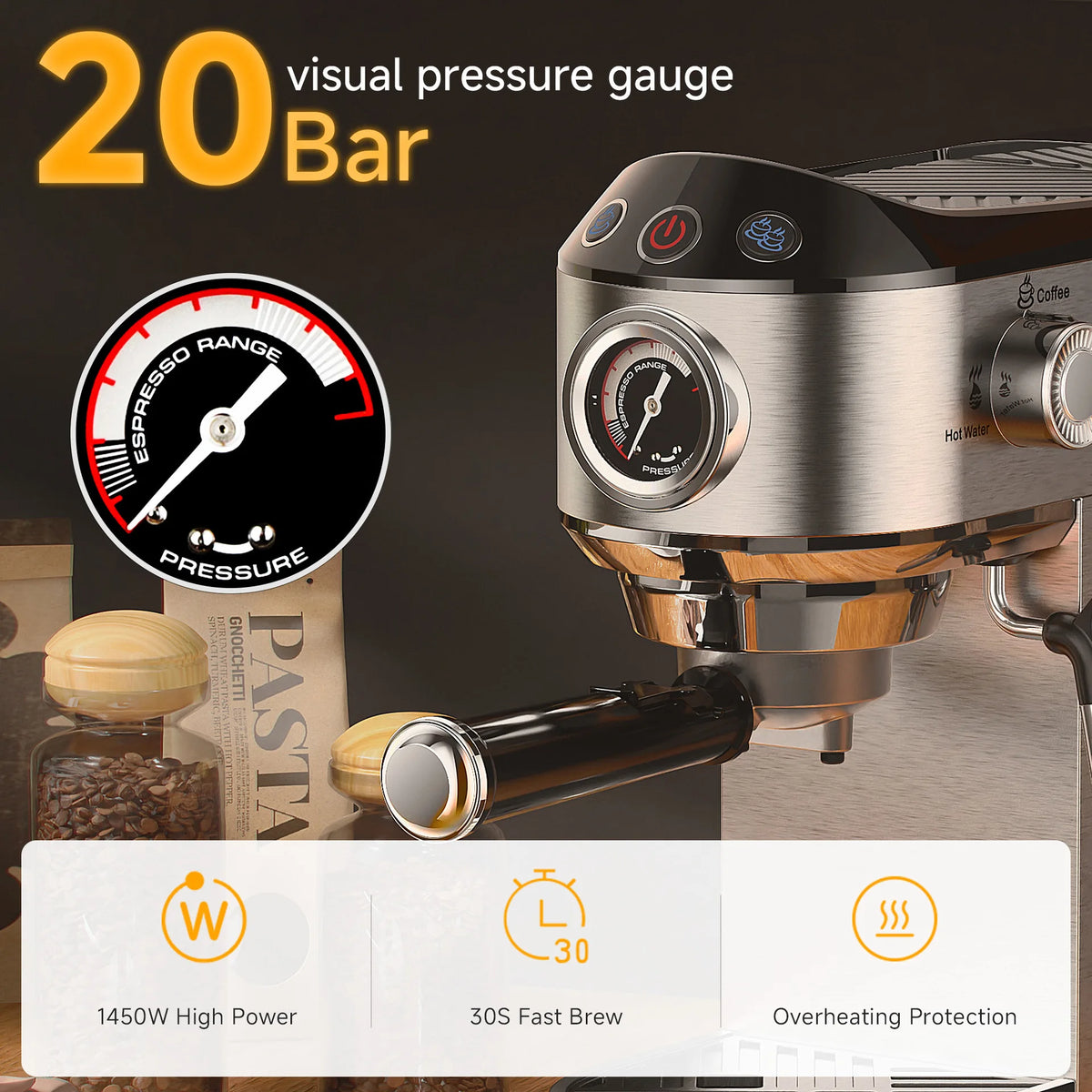 HAOYUNMA 20 Bar Espresso Machine – Pressure Gauge & Steam Wand Espresso Machine Qst