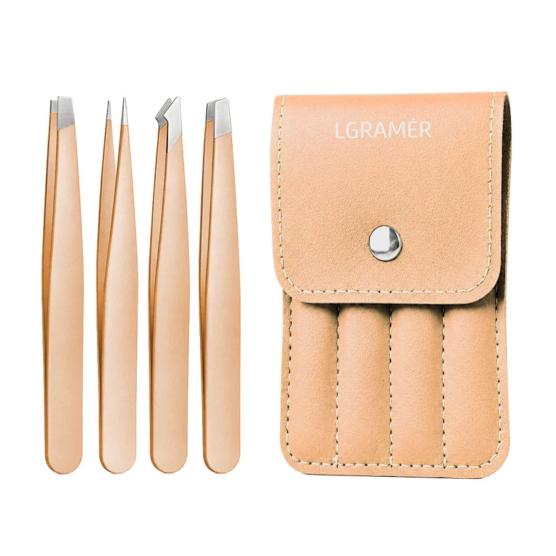 4-Piece Stainless Steel Eyebrow Tweezers Set with PU Case Eyebrow Tweezers Set Qst Orange