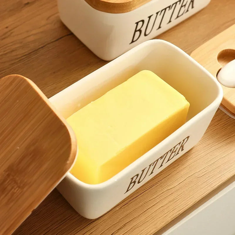 Ceramic Butter Dish with Bamboo Lid & Cheese Knife – 3 Colors Butter Dish Set Qme