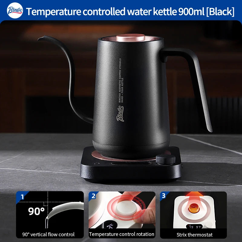 Bincoo 0.9L Gooseneck Electric Kettle – 1500W Temperature Control Gooseneck Electric Kettle Qst black-900ml