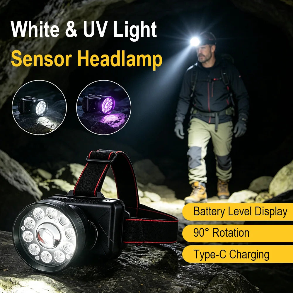 BORUiT UV LED Headlamp | Motion Sensor, Type-C Rechargeable Rechargeable Headlamp Qst