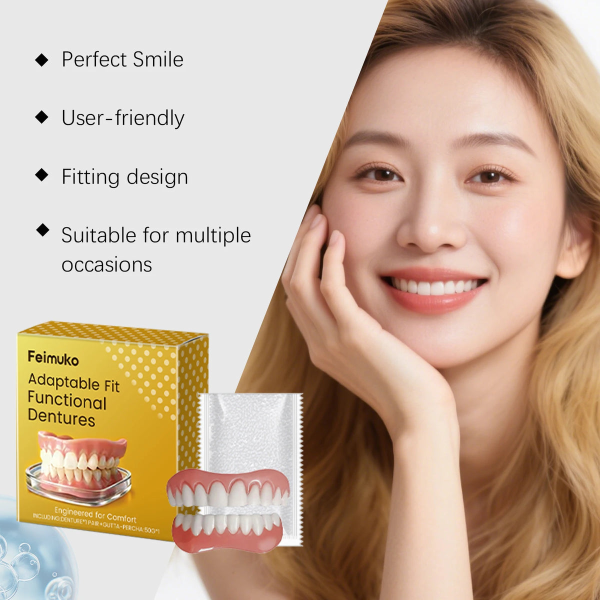 Silicone Fake Teeth Full Set – Realistic Upper & Lower Dentures Cosmetic Denture Set Qst