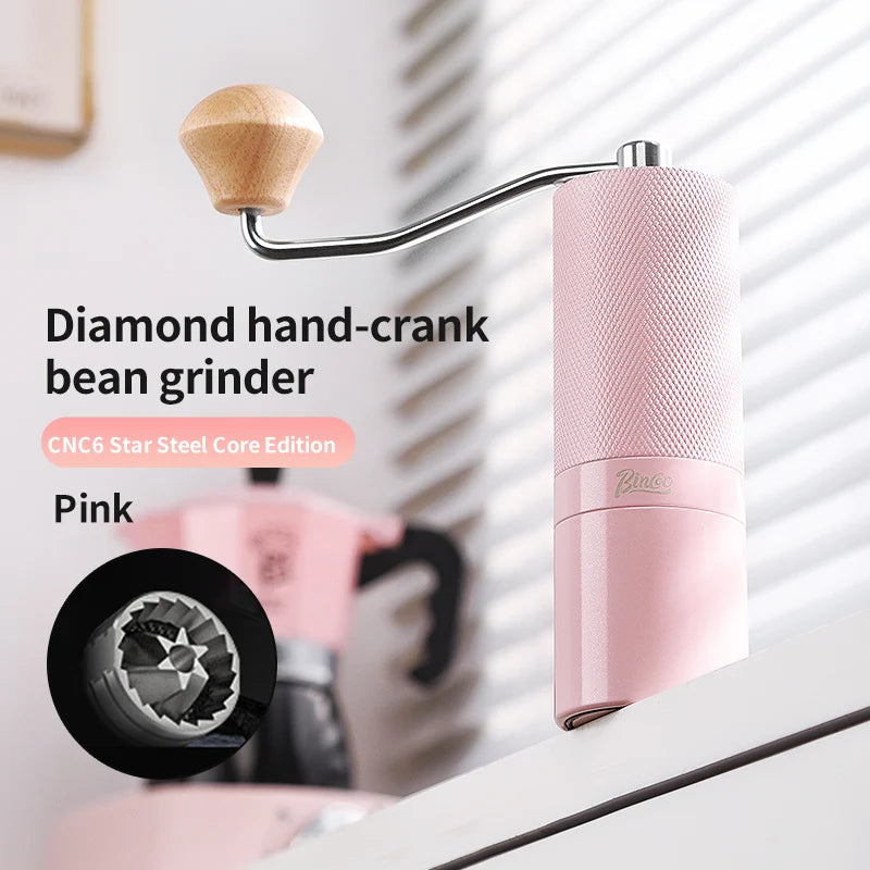 Bincoo Diamond Pattern Manual Coffee Grinder – Steel Burr Mill Manual Coffee Grinder Qst Pink-6 star